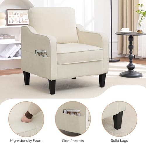 Accent Chair for Living Room, Mid Century Modern Reading Chair for Bedroom, Upholstered Armchair with Side Pockets, Comfy Single Sofa Side Chair for Office, Apartment, Small Room, Beige