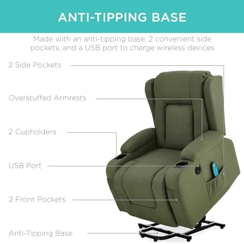 Best Choice Products PU Leather Electric Power Lift Chair, Recliner Massage Chair, Adjustable Furniture for Back, Legs w/ 3 Positions, USB Port, Heat, Cupholders, Easy-to-Reach Side Button - Olive