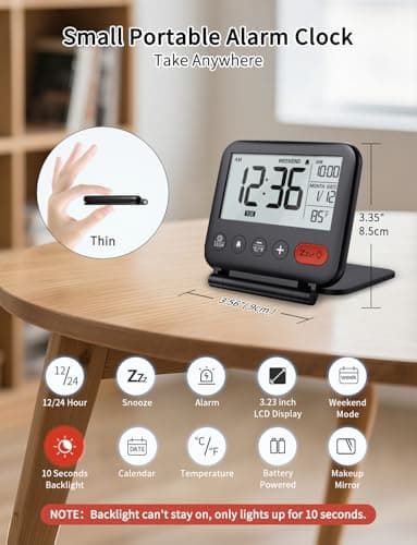 NOKLEAD Digital Travel Alarm Clock for Bedroom Office: Small LCD Desk Clock with Backlight Date Temperature Snooze 12/24H Weekend Mode and Mirror, Battery Powered Folding Bedside Clock for Adult Kids