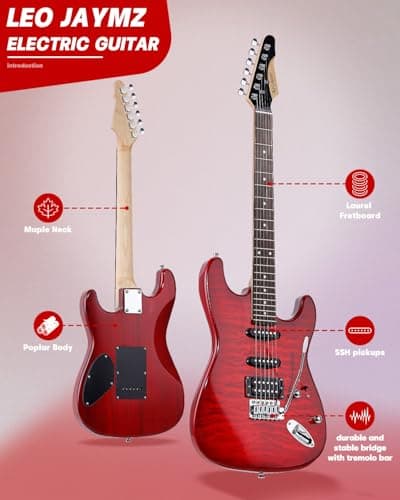 Leo Jaymz 39" Full Size ST Style Electric Guitar Starter Kit with SSH Pickup, 5W Portable Amp, Tuner, Gig Bag, Strap & Accessories (Red Ocean 5W)