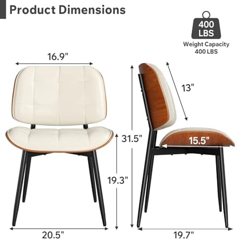 Dining Chairs Set of 2, Mid Century Modern Dining Room Chair with Thick Cushion, Upholstered Faux Leather Kitchen Chairs with Walnut Bentwood Back for Kitchen Dining Room, Beige