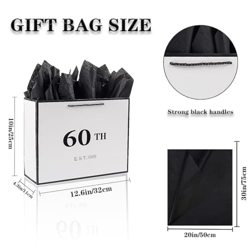 Jaywayang 60th Birthday White and Black Large Gift Bag with Card and Tissue Paper, Metallic Printing Keepsake Gift Vintage Bag for Men Women, 1965 Mom Dad 60 Year Old Party Paper Bag for Gifts Wrapping, Anniversary.