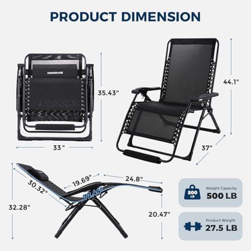 HOMSHADE Oversized Zero Gravity Chair, 33In XXL Outdoor Recliner Chair w/Removable Cushion&Headrest, Reclining Patio Chairs for Indoor, Camping Lounge Chair with Footrest, Support 500LBS, Black