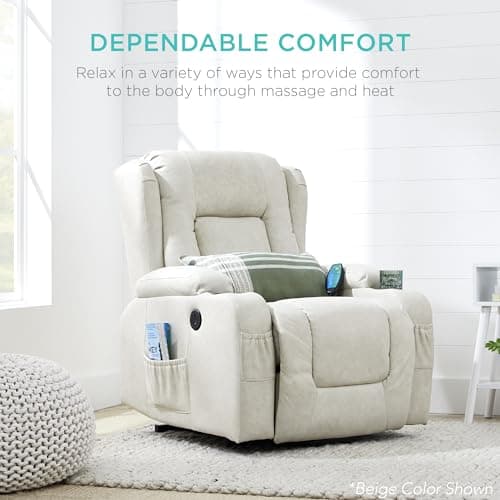 Best Choice Products PU Leather Electric Power Lift Chair, Recliner Massage Chair, Adjustable Furniture for Back, Legs w/ 3 Positions, USB Port, Heat, Cupholders, Easy-to-Reach Side Button - Olive
