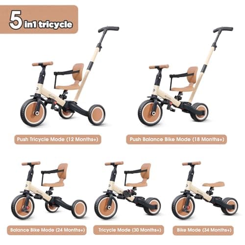 Toddler Trike with Push Handle Lets Parents Steer and Converts to Balance Bike, Fun Outdoor Toy for Boys and Girls, Khaki newyoo TR007 5-in-1 Tricycle for Toddlers 1-3, Toddler Bike, Birthday Gift B0CWLTLC2F