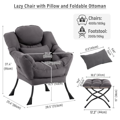 Lazy Chair with Ottoman, Modern Accent Chair with Lumbar Pillow, Dark Grey Sofa, Armchairs with Folding Footrest, Oversized Supportive Chairs for Bedroom, Reading