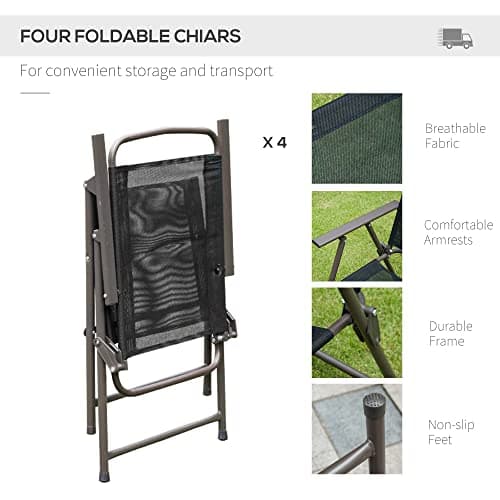 Outsunny 6 Piece Patio Dining Set for 4 with Umbrella, Outdoor Table and Chairs with 4 Folding Dining Chairs & Round Glass Table for Garden, Backyard and Poolside, Black and Coffee