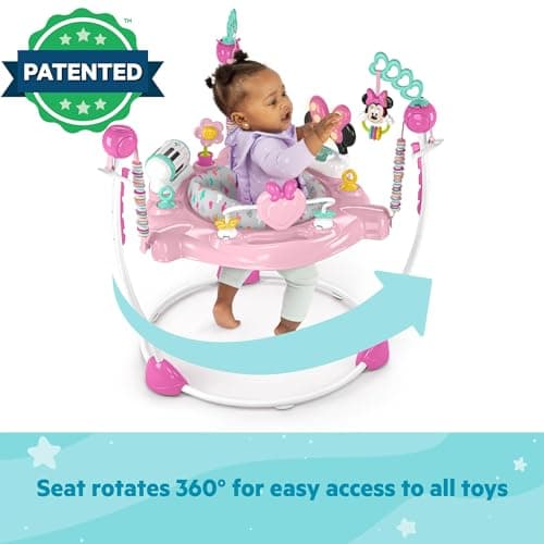 Bright Starts Disney Baby Minnie Mouse Forever Besties Baby Activity Center Jumper with 10 Toys, Lights & Sounds, 360-Degree Seat, 6-12 Months (Pink)