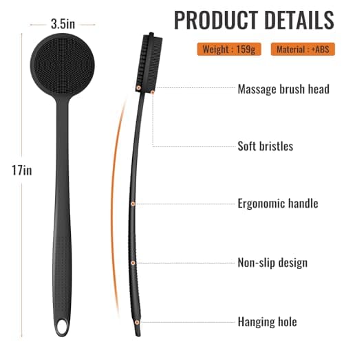 VWMYQ VWMYQ Silicone Back Scrubber for Shower, 17in Lengthen Long Handle Body Brush, Double Sided Shower Brush for Shower Exfoliating and Massage Can Produce Rich Foam, Long Handle Back Scrubber for Men