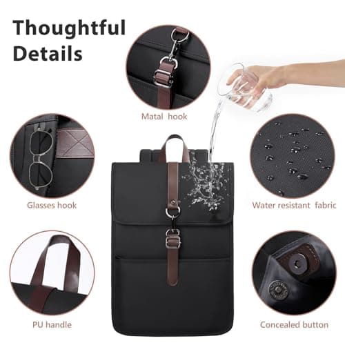 HEROIC KNIGHT Laptop Backpack for Men Women, Slim Work Travel Backpack with USB Charging Port, Lightweight Computer College Backpack Bag, Vintage Commuter Casual Daypack Fits 15.6 Inch Laptop,Black