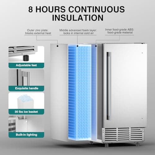 Mojgar ETL Approval Commercial Under Counter Ice Maker 100 Lbs/Day with 30 LBS Bin, 15" W Freestanding Built-in Ice Maker, Undercounter Ice Machine with Self Cleaning for Home/Bar/Restaurant，Silver