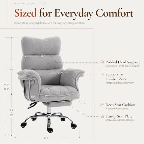 Dowinx Big and Tall Office Chair, Ergonomic Desk Chair with Thick Cushion, Wide Seat & Armrests Computer Gaming Chair,High Back Reclining Teddy Fleece Criss Cross Chair with Foot Rest, Gray