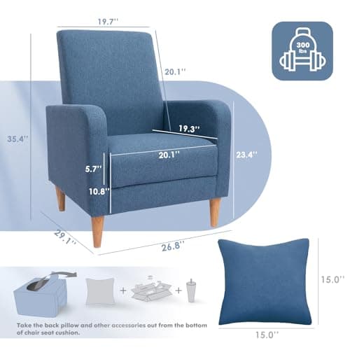 COLAMY Modern Upholstered Accent Chair Armchair with Pillow, Fabric Reading Living Room Side Chair,Single Sofa with Lounge Seat and Wood Legs, Blue
