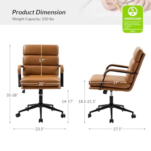 HULALA HOME Modern Faux Leather Home Office Chair with Tilt Lock & Metal Base, Desk Chair with Wheels & Padded Cushion, 360° Swivel Wide Seat Computer Task Chair, Camel