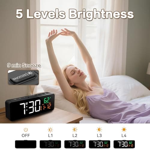 Netzu 3-in-1 Digital Clocks for Living Room with Temperature, Date & Time Display - 4 Levels Birghtness, 3 Volumes, Small & Compact Plug-in Alarm Clock for Bedroom, Office (Black)
