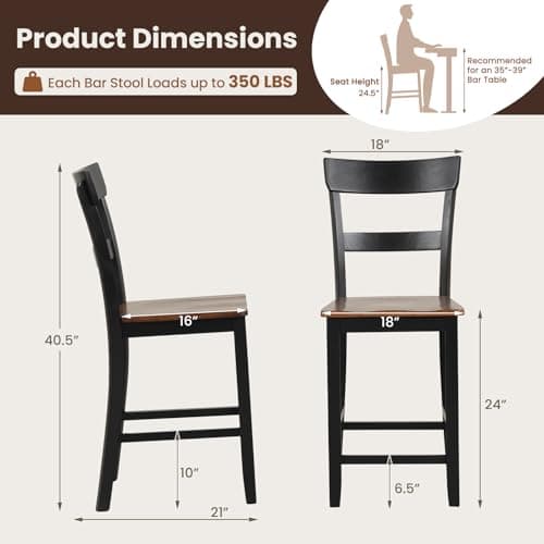 COSTWAY Counter Height Bar Stools Set of 4, 24'' Mid Century Modern Island Chairs with Rubber Wood Legs and High Backrest, Wooden Barstools for Home Kitchen, Dining Room, Bar, Restaurant (Black)
