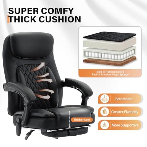 500LBS Massage Office Chair, 6 Points Vibration & Heat Executive Office Chairs, 135°Reclining Comfy Desk Chair with Foot Rest, Wider & Thicker Seat Cushion, PU Leather Big and Tall Gaming Chair, Black