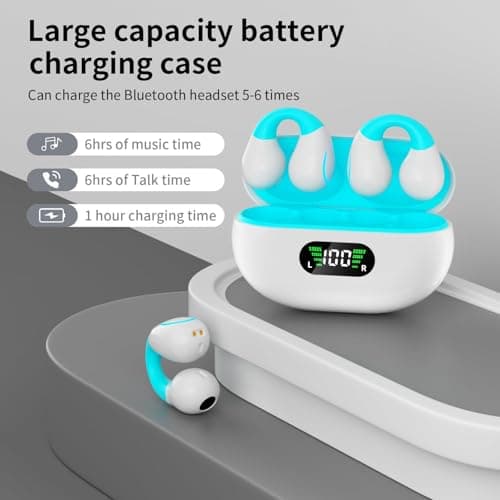 Clip On Earbuds, Bluetooth 5.3 Lightweight Comfort Bone Conduction Open Ear Headphones with LED Digital Display Charging Case Sport Built-in Mic IPX7 Waterproof for Running Fitness Android,Light Blue1