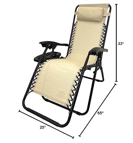 EasyGo Product Zero Gravity Lawn Lounge Pillow and Cup Holder Furniture Outdoor Adjustable Dining Reclining Folding Chairs for Deck Patio Beach Yard, 2 Pack TAN