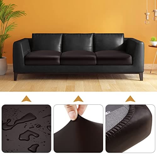 Fuloon Faux Leather Couch Cushion Slipcover, Waterproof Stretch Covers for Sofa, RV Chair Seat Cover, Individual Loveseat Couch Cushion Replacement, PU Leather Sofa Slipcovers(3 Pack, Brown)