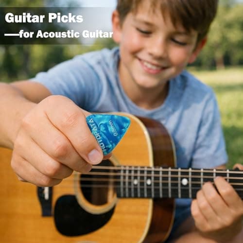 ROTOPATA Guitar Picks with Organizer Storage Box, 0.5 0.75 1.0 mm Thin Medium Heavy Plectrums, Colorful Celluloid Guitar Accessories for Bass Electric Acoustic Guitars Ukulele, 15 Pack