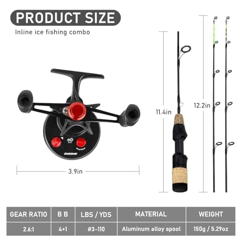 QualyQualy Ice Fishing Rod and Reel Combo 24 inch M/ML Inline Ice Fishing Combos 2 Different Tips for Walleye Perch Panfish and Trout