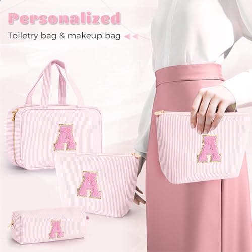 Gifts for Teen Girls Women - Personalized Toiletry Bag Initial Makeup Bag | Travel Cosmetic Bag | 8 9 10 11 12 13 14 15 16 Years Old Girl Gift Trendy Stuff - Pink A B0FSJXYKK8