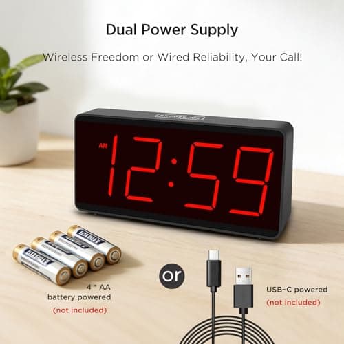 Peakeep Battery Operated Digital Clock, Alarm Clock for Bedrooms - Cordless Large Big Numbers 4 Dimmers for Seniors, Adjustable Volume Loud Alarm Clock for Heavy Sleepers Adults (Red Digits)