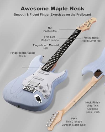 RVONE RST-150 39”Beginner Electric Guitar Kit with Amplifier, Classic HSS Pickup, Electric Guitar with Gig Bag, Capo, Strap, Extra Strings, Digital Tuner, 3 Picks, Cleaning Cloths (1-Blue)