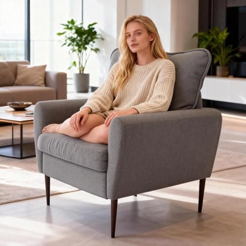 OLIXIS Comfy Accent Chair for Living Room Bedroom and Waiting Room, Upholstered Mid-Century Reading Chair with Pillow and Solid Wood Legs, Wide Singe Modern Lounge Sofa (Gray)