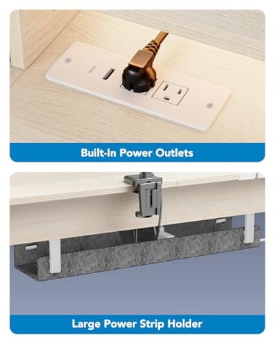 HUANUO 65″ L-Shaped Standing Desk with Power Outlets & LED Strip, Electric Height Adjustable Corner Computer Desk, Sit Stand Up Desk with 3 Drawers, Natural Wood