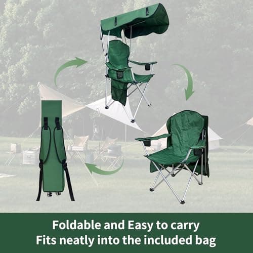Portable Camping Chair with Canopy Shade - Folding Lounge Chair with Cup Holder & Side Pocket for Outdoor Camping, Fishing, Beach - Support 330 LBS - Green