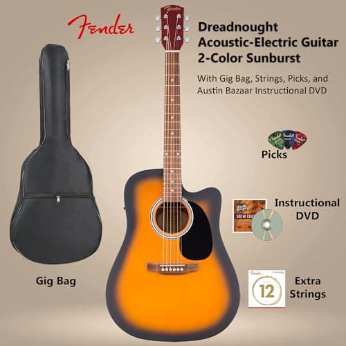 Fender FA Series Dreadnought Acoustic-Electric Guitar - 2-Color Sunburst Bundle with Gig Bag, Strings, Picks, and Austin Bazaar Instructional DVD