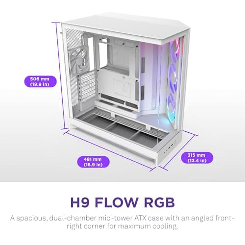 NZXT H9 Flow RGB (2025) – Large Dual-Chamber ATX Mid-Tower Airflow PC Case – Includes 1 x 420mm RGB Fan Unit & 1 x 120mm Fan – 420mm Radiator Support – Tempered Glass – Back-Connect Ready – White
