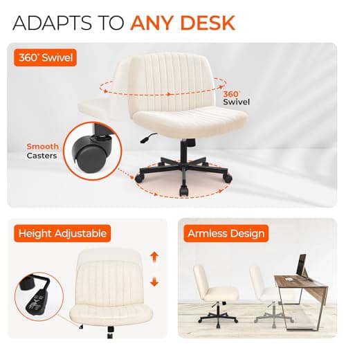Orange Factory Criss Cross Chair Wheels Wide Cross Legged Office Desk Vanity Chair Comfy Fabric Armless Adjustable Swivel for Home Computer Task (Beige Wheel, Fabric)