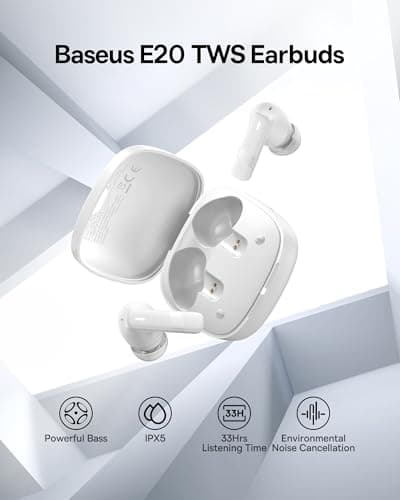 Baseus E20 True Wireless Earbuds, 12mm Drivers with Powerful Bass, 33H Long Playtime, IPX5 Water-Resistant, 2 ENC Mics for Clear Calls, Bluetooth 5.3 Headphones in-Ear Ear Buds