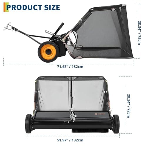 44 Inch Tow Behind Lawn Sweeper, 26 cu. ft. Large Pull Behind Grass Sweeper Heavy Duty Leaf & Grass Collector with Dumping Rope Design, Adjustable Sweeping Height for Yard and Grass Cleanup Tool