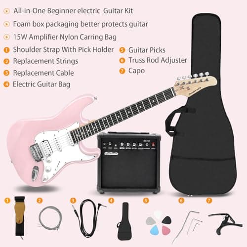 Soulmate 39 Inch Full Size Electric Guitar Starter Kit for Beginners Solid Body, HSS Pickups with 15W Amp, Gig Bag, Capo, Strap, Strings, Cable, Picks (Right-Handed,Pink)