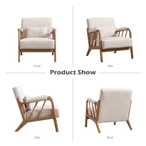 IOMOR Mid Century Modern Accent Chair with Solid Wood Frame Linen Fabric, Upholstered Living Room Chairs with Lumbar Cushion Padded Arms, Reading Armchair for Bedroom (1, Warm Beige)