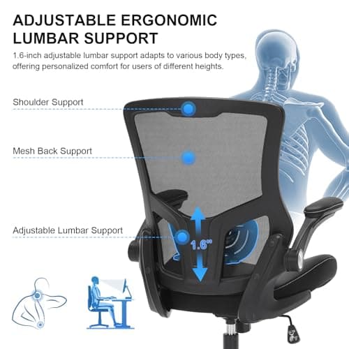 Office Chair, Ergonomic Desk Chair with Adjustable Lumbar Support, Breathable Mesh Computer Chair with Flip-up Armrests, 350lbs Comfy Swivel Task Chairs for Home Office, Black