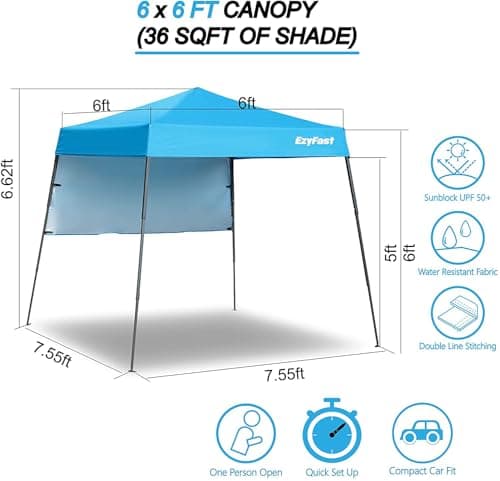 EzyFast Ultra Compact Backpack Canopy, Pop Up Shelter, Portable Sports Cabana, 7.5 x 7.5 ft Base / 6 x 6 ft top for Hiking, Camping, Fishing, Picnic, Family Outings