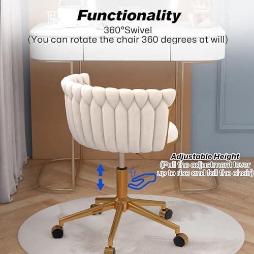 HENGJIANYI Velvet Woven Home Office Chair, Modern Swivel Desk Chair with Wheels, Height Adjustable Vanity Chair with Gold Metal Base and Hand Weaving Back, Beige