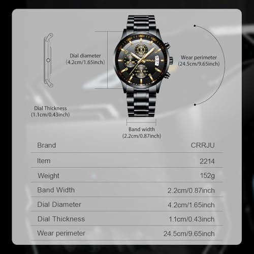 CRRJU Men's Fashion Stainless Steel Watches Date Waterproof Chronograph Wristwatches,Stainsteel Steel Band Waterproof Watch
