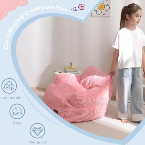MAXYOYO Kids Bean Bag Chair, Stuffed Toddler Bean Bag Sofa with Filler Bean Bag Chair for Boys and Girls, Lazy Sofa with Pocket Floor Chair for Gaming, Reading, Pink
