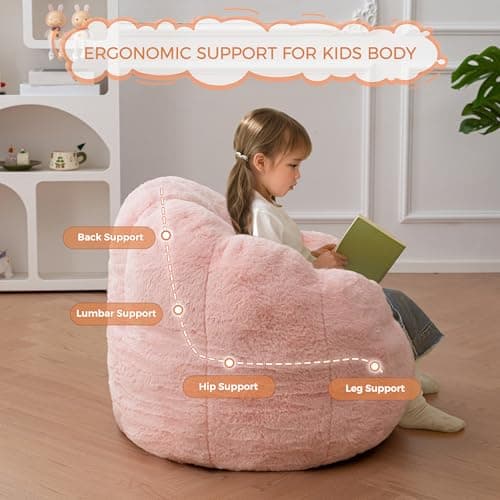 MAXYOYO Kids Bean Bag Chair, Floral Shaped Bean Bag Sofa, Plush Faux Fur Toddler Couch with Petal Backrest for Boys Girls, Stuffed Cozy Sofa for Nursery, Bedroom, Pink