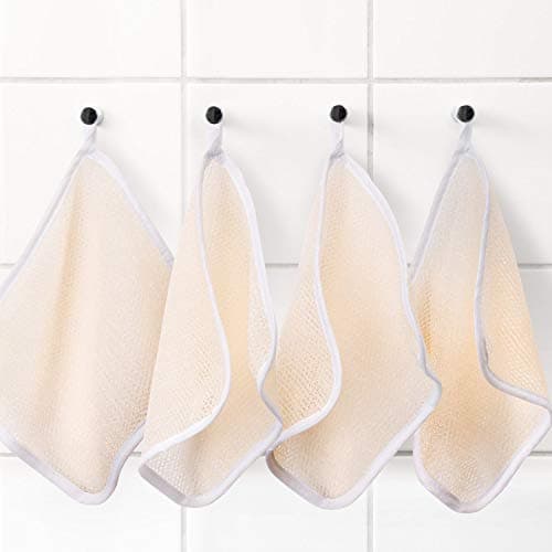 Tatuo 5 Pcs Exfoliating Face and Body Wash Cloths Towel Weave Bath Exfoliating Scrub Massage Bath Cloth for Women and Men, 10.63 x 9.05 Inch(Beige Edge)