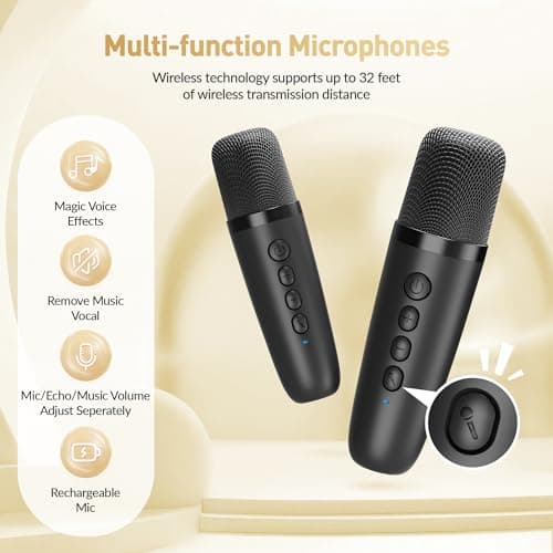 360° Surround Sound,5 Voice Effects,Bluetooth 5.0,LED Lights, TF/USB/AUX, For Kids and Adults, Family Home Party and Gifts Mini Karaoke Machine,Portable Bluetooth Speaker with 2 Wireless Microphones B0CNX6MMK3