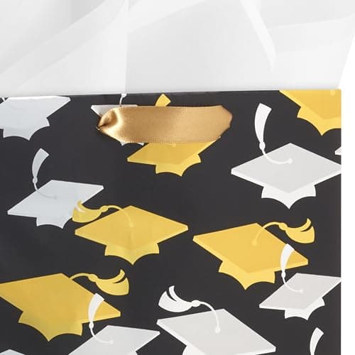 Hallmark 9" Medium Graduation Gift Bag with Tissue Paper (Gold and Silver Mortarboards on Black) for College, High School, 8th Grade, Kindergarten, Nurses