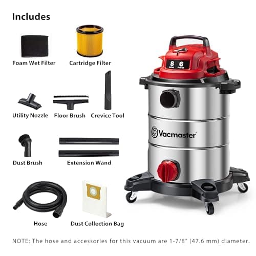 Vacmaster VOC812SF 1101 8-Gallon Premium Stainless Steel Wet/Dry Vacuum, Red Edition, 8 Gal