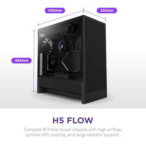 NZXT H5 Flow 2024 - Compact ATX Mid-Tower PC Gaming Case - High Airflow - 2 x 120mm Fans Included - 360mm Front & 240mm Top Radiator Support - Cable Management System - Tempered Glass - Black